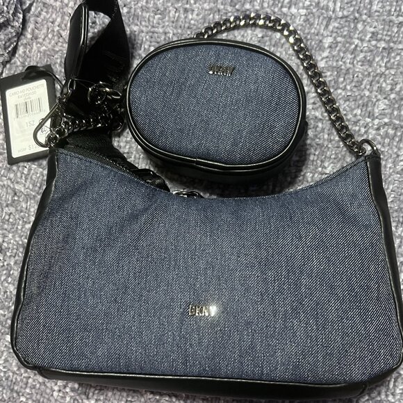 NWT DKNY Denim and Black Crossbody with detachable earbud/coin storage bag - Picture 8 of 10
